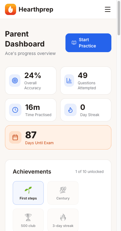 The Hearthprep parent dashboard on a phone — overall accuracy, days until exam, and subject progress.